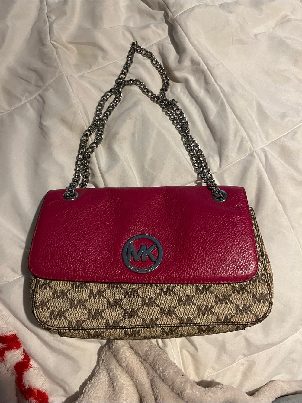 Michael Kors Hot Pink Leather Flap Logo Shoulder Bag
